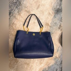 Tory Burch Pebbled Navy Blue Tote